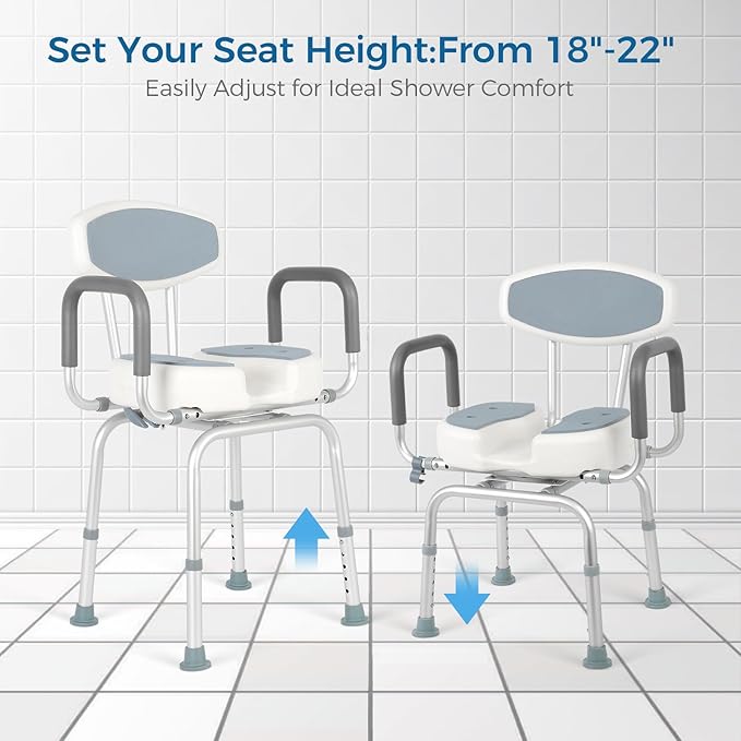 FAHKNS Senior Bathing Chair Swivel Shower Chair with Arms and Back, 400 lbs Heavy Duty U-Shape Seat for Inside Tub, Height Adjustable Safety Bath Seat for Elderly and Disabled