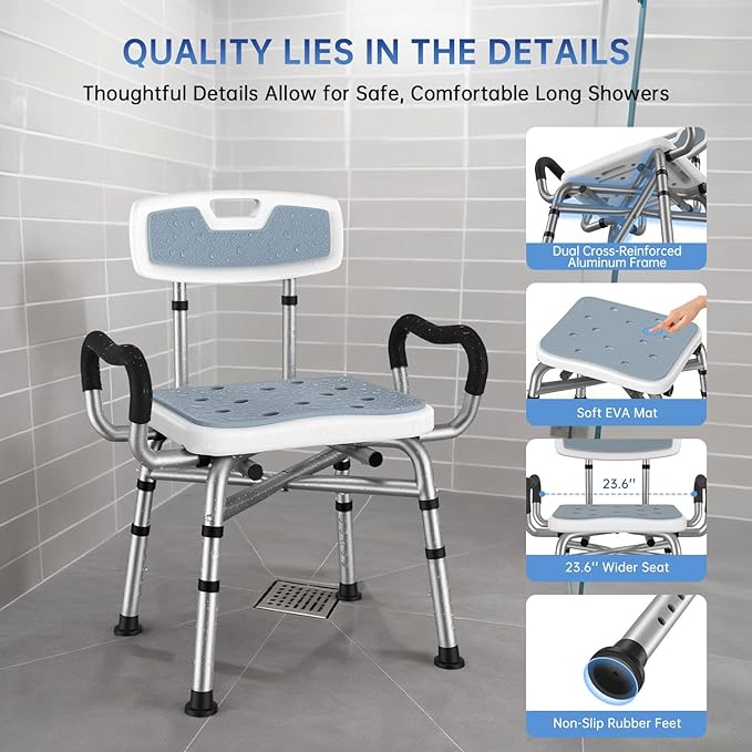 BRITULIF Adjustable Shower Chair with Arms & Back, Stable Heavy Duty 550lbs Safety Bathtub Seat with Non-Slip Feet, Rust-Resistant Aluminum Frame & Tool-Free Assembly for Elderly & Disabled