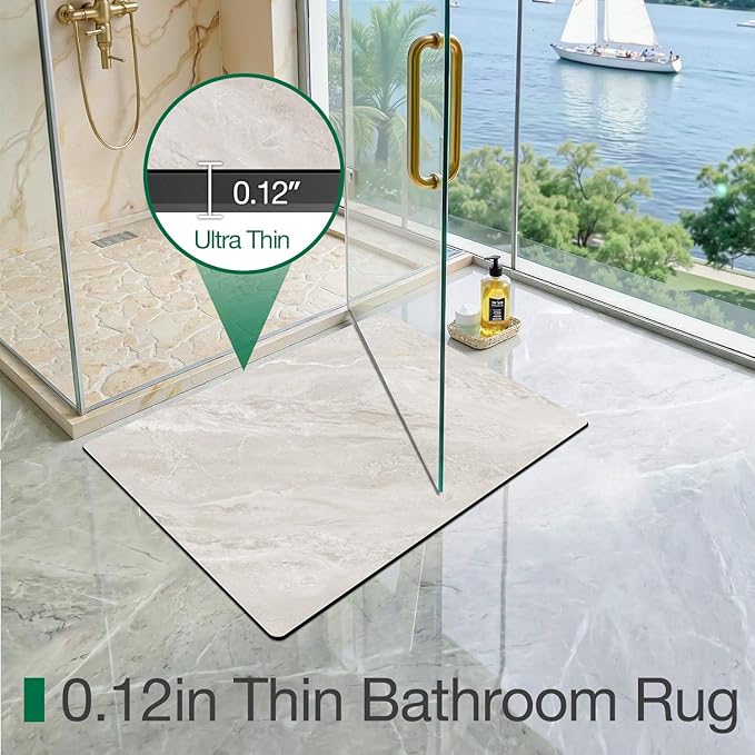 LUMI Ultra Thin Bath Mat, Super Absorbent Quick Dry Bathroom Rugs, Non-Slip Bathroom Mats, Marble Bathmats Fit Under Door, Bathtub, Sink, Shower Room, 24"x44", White Marble