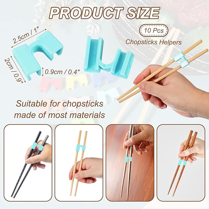 uxcell 10 Pcs Chopsticks Helper, Reusable Training Chopstick Hinges Connector Practice Chop Sticks Helpers for Adult Beginners Learners, Sky Blue
