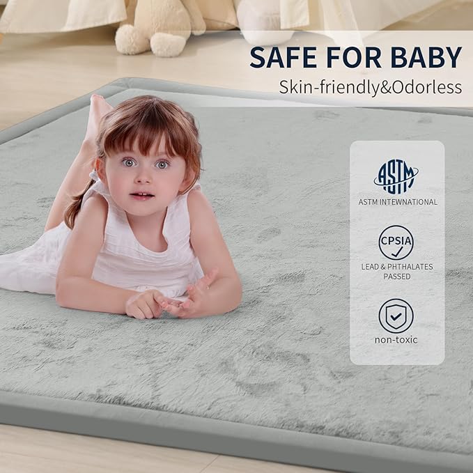 ACOMOPACK Baby Play Mat for Floor 1.3" Thick Memory Foam Play Mat 59"×71" Tummy Time Crawling with Non-slip Bottom for Living Room,Nursery,Soft Velvet Playpen Mats for Kids,Infants（Light Grey）