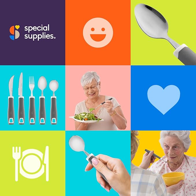 Special Supplies Adaptive Utensils 5-Piece Set Non-Weighted, Non-Slip Handles for Hand Tremors, Arthritis, Parkinson’s or Elderly Use - Stainless Steel Knife, Rocker Knife, Fork, Spoons (Grey)