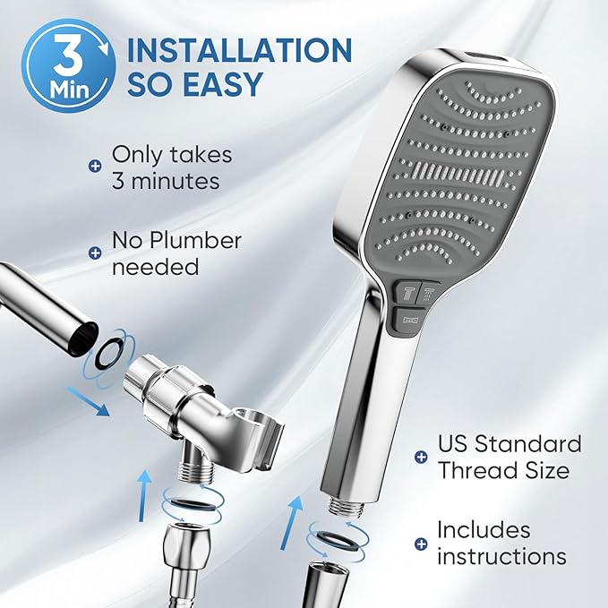 High Pressure Shower Head with Handheld,8 Modes,Heat-Resistant Premium ABS Material,Anti-clog Nozzles,Built-in Power Wash to Clean Tub,Tile & Pets,59″ SUS 304 Hose & Thickened Bracket,Silver