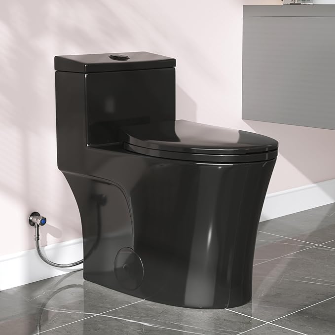HOROW T0338WB Elongated One Piece Toilet Black, Compact Modern Toilet with Comfortable Seat Height, ADA Chair Height 17.3", Power Dual Flush 0.8/1.28 GPF, Matte Black, 12" Rough-in