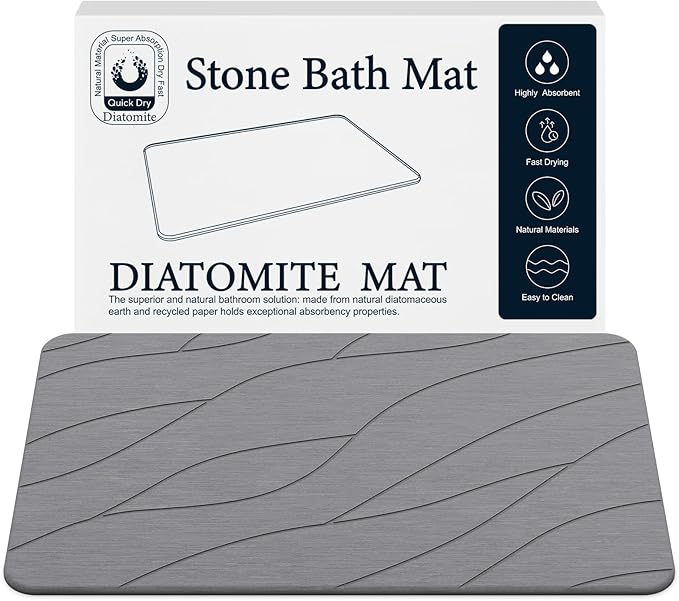 Diatomaceous Earth Stone Bath Mat Non-Slip, Stone Bath Mats for Bathroom Quick Dry, Super Absorbent Diatomaceous Mats 24 x 16 Inch Quick Drying, Eco-Friendly Easy to Clean (Dark Grey 1 Pack)