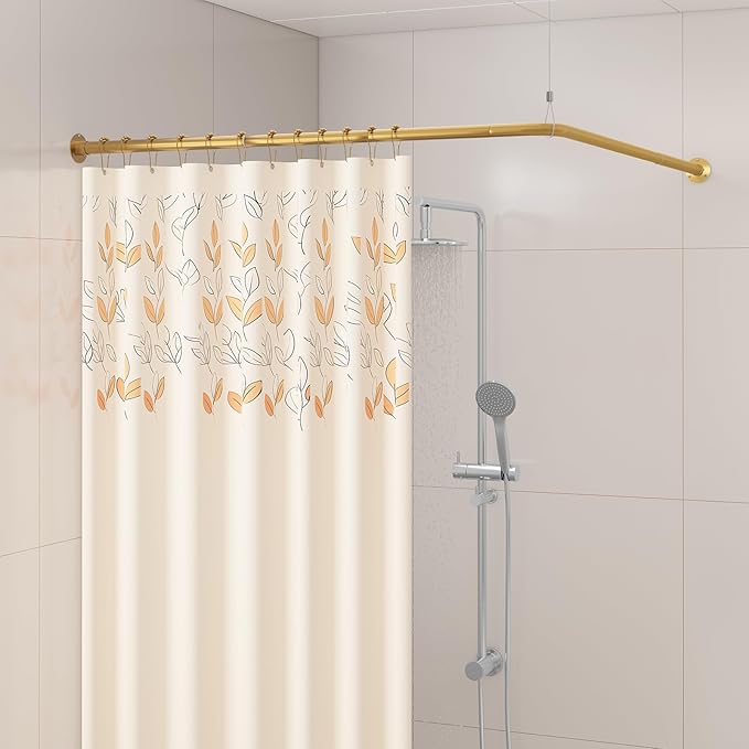 L Shaped Corner Shower Curtain Rod, 24" - 53" x 24" - 53" Adjustable 90 Degree Curved Bathroom Rod Square Rail No Sag with 12 Hooks & Ceiling Support - Gold