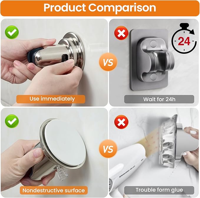 Strong Suction Cup Shower Head Holder - No Drill Handheld Shower Bracket for Seniors, Kids & Pets, Tool-Free Adjustable Height Bathing Aid for Tile/Glass, Rustproof ABS Construction