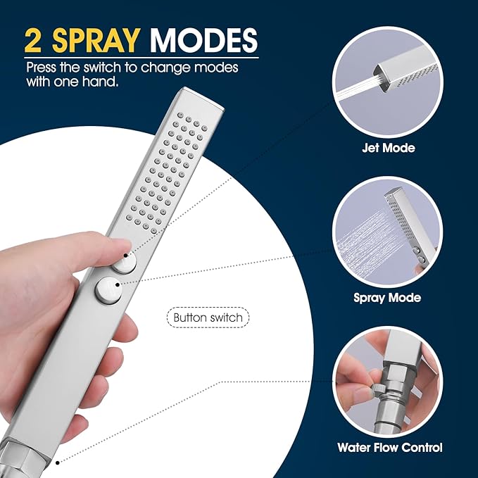 All-Metal High Pressure Square Handheld Shower Head with Jet Spray and Rainfall Modes, Volume Control Regulator, ON/OFF Switch, Hose and Wall Mounted Adjustable Bracket,Brushed Nickel Color