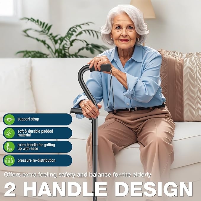 Ciavca Walking Canes for Women & Men, Adjustable Folding Quad Cane, Heavy Duty Walking Sticks Canes for Seniors Balance,Collapsible, Lightweight Self Standing Cane with 2nd Handle and 4-Pronged Base
