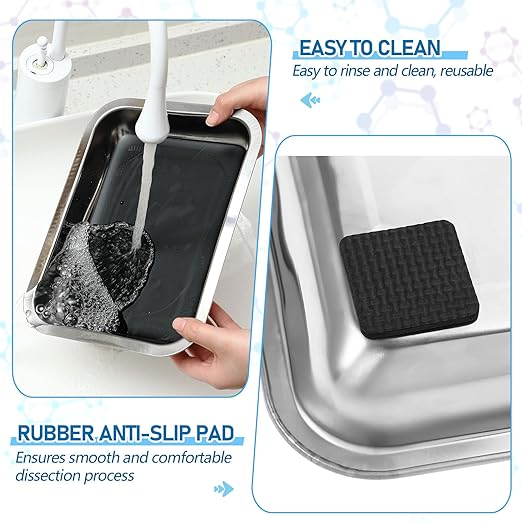 Conelist Dissection Pan with Wax Thicken and 4 Rubber Nonslip Mat Reusable Stainless Steel Thicken Dissection Pan for Lab Experiment Junior Senior(10.2 x 7.5 Inch,Black,18 Set)