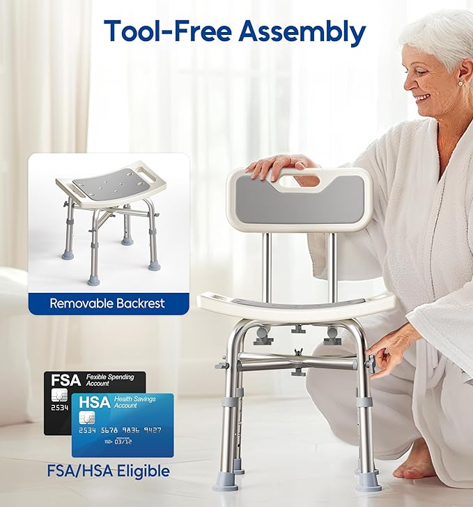 Bluelog Shower Chair with Back for Elderly and Disabled, Shower Seat Bench Stool, Adjustable Height, 350 lbs Capacity, Rectangular
