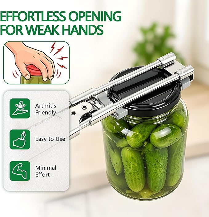 Jar Opener for Seniors with Arthritis - Adjustable Stainless Steel Bottle Opener & Manual Lid Gripper for Weak Hands - Heavy Duty Kitchen Gadgets & Gifts for Elderly