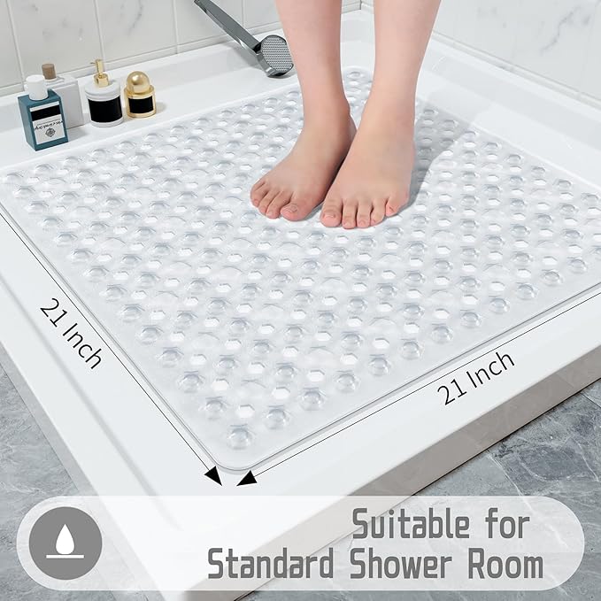 Yimobra Square Shower Floor Mat Non Slip, 21"x21" Machine Washable Bath Tub Mat, Soft on Feet, Bathmat with Drain Holes and Suction Cups, Fast Draining, Clear