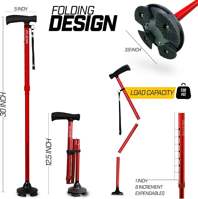 ZELECKS Walking Cane for Women & Men - Self Standing Adjustable Folding Cane with T Handle and 360 Pivot Base - Lightweight Foldable Walking Stick for Seniors - Collapsible Cane for Walking