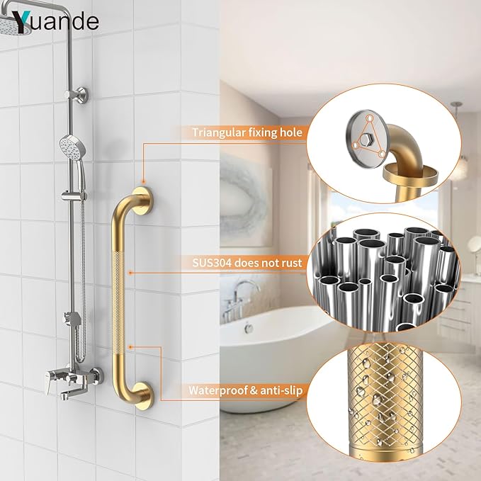 4 Pack 16 Inch Shower Grab Bar, YuanDe Gold Bathroom Grab Bar Handle w/Anti-Slip Knurled Grip, Stainless Steel Bath Balance Bar, 1" Diameter Safety Hand Rail Support,Handicap Injury Elderly Senior