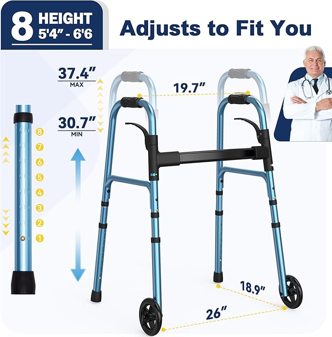 Folding Walker for Seniors, Compact Rolling Walker with Basket and 2 Skis, Lightweight Aluminum Standard Walker Adjustable Height Supporting Up to 350lbs, Blue