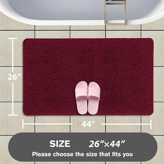 Vivid Burgundy Bathroom Rugs – Absorbent and Washable Bath Mat, Non-Slip, Thick Soft Chenille Bath Rugs for Bathroom Floor, Shower, Sink - 26" x 44"