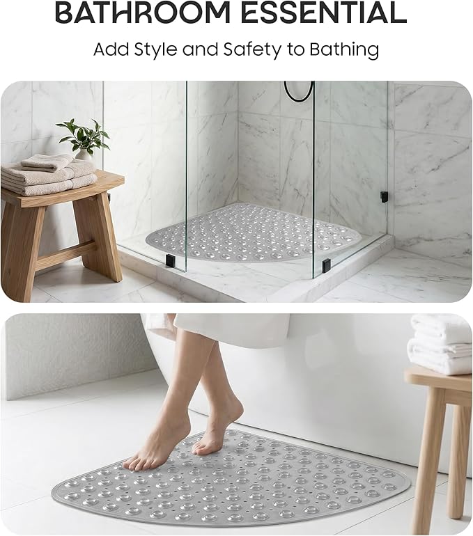 ADOV Corner Shower Mat Non Slip, 21x21 inch Curved Shower Mats for Inside Shower, Anti-Slip Bath Mat with Strong Suction Cup, Drain Holes, Machine Washable, Ideal for the Elderly (Grey)