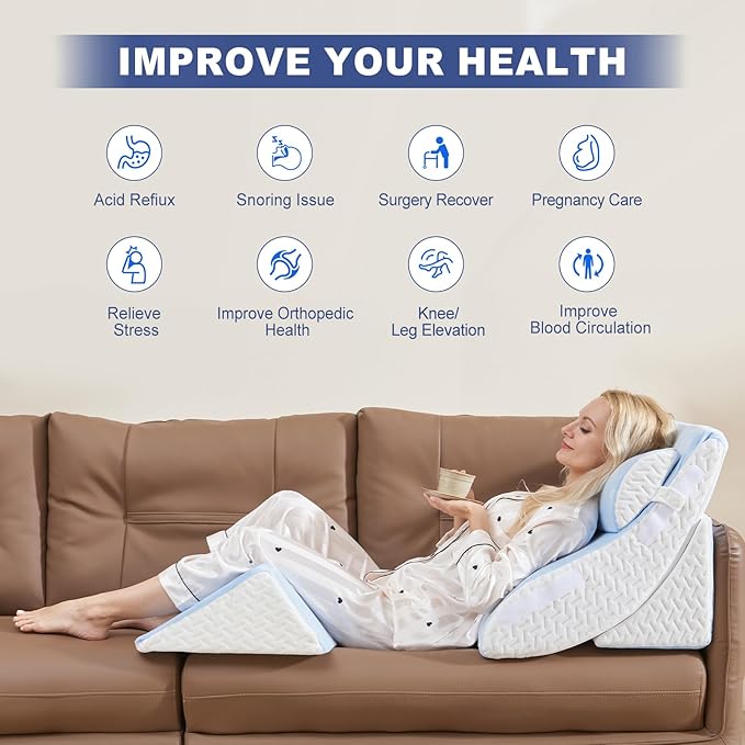 WSOFRLAC 4PCS Bed Wedge Pillow for Sleeping and Sitting Up, Orthopedic Memory Foam Pillow Set for Back Pain, Post Surgery Recovery, Acid Reflux, GERD Relief, Triangle Shape, Blue White