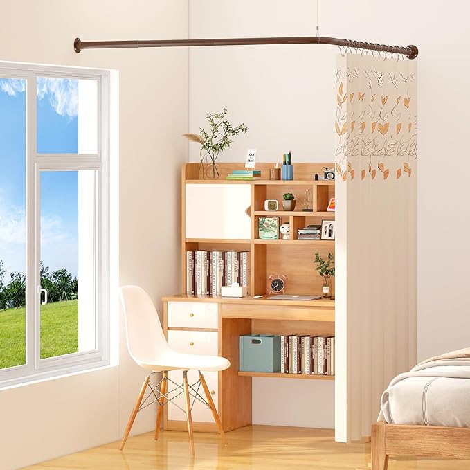 L Shaped Corner Shower Curtain Rod, 24"-37" x 24"-37" Adjustable 90 Degree Curved Bathroom Rod Square Rail No Sag with 12 Hooks & Ceiling Support - Coffee
