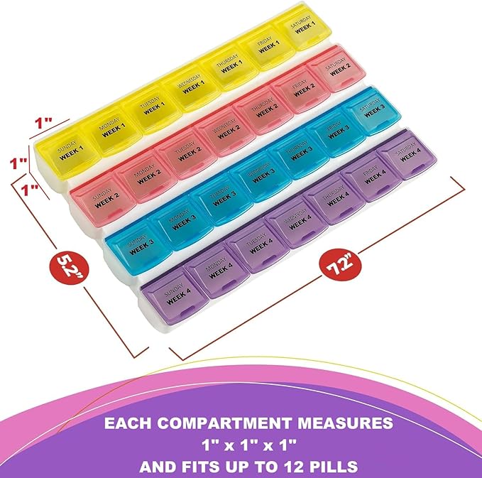 Monthly Pill Organizer - 28 Day Monthly Pill Planner to Separate Pills & Vitamins Week to Week, Travel Medication Reminder Daily Monday to Sunday Compartments, Case of 40