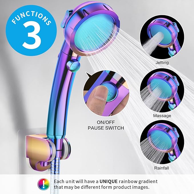 KAIYING Drill-Free High Pressure Handheld Shower Head with ON/OFF Switch, 3 Spray Modes - Polished Finish, Shower Head (Radiant Rainbow) + Bracket + Hose