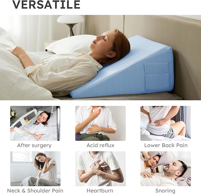 Bedluxe Wedge Pillow, 12 inch Bed Wedge Pillow for Headboard, Pillow Wedge for Acid Reflux Relief, Sleeping, After Surgery, Snoring, Gerd, Triangle Pillow Wedge - Cooling Memory Foam Top, Light Blue