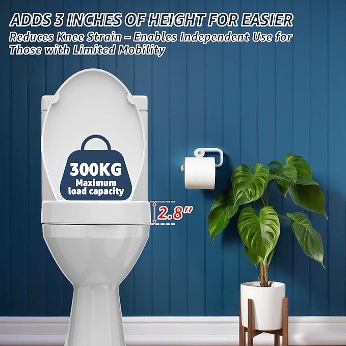 Huttdmel Raised Toilet Seat Elongated 18.5'' for Seniors – Soft Close, Quick Release & Connect, Sturdy PP Material, Won’t Loosen, Ideal for Elderly & Limited Mobility, White