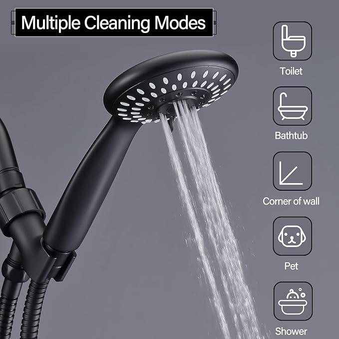 Shower Head with Handheld, Briout 5-Settings Showerhead High Pressure Powerful Water Spray Shower Head with Stainless Steel Hose and Adjustable Mount, Matte Black