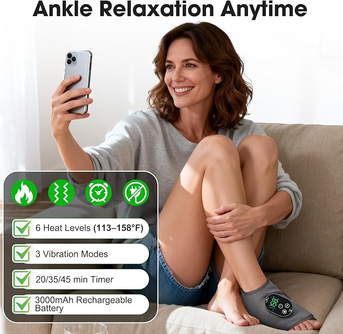 Cordless Ankle Massager for Pain Relief, Foot Massager for Neuropathy, Foot and Ankle Massager, Ankle Heating Pad with Massage,HSA Eligible FSA, 6 Heat Levels, 3 Vibration Modes, Single One