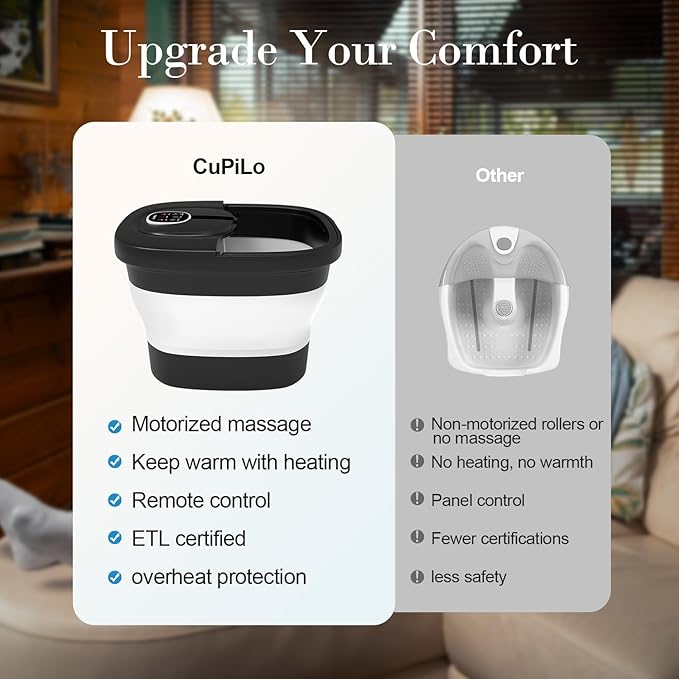CuPiLo Foot Spa Bath Massager, Foot Bath with Circulation Heat, Motorized Shiatsu Massage Balls, Pedicure Soaking Tub with Waves, Remote, Handle, Feet Relief, Gifts for Women Men