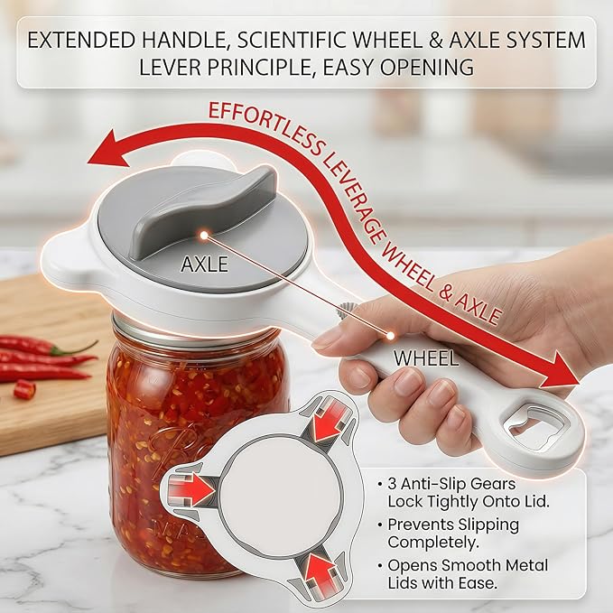 4-in-1 Adjustable Jar Opener for Weak Hands & Seniors — Ergonomic Non-Slip Handle, Multi-Size Lid Remover for Mason Jars, Bottles & Cans (Grey)