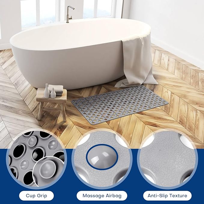 Non-Slip Bathtub Mat 31.5"x17.7" - 200+ Suction Cups, Quick-Dry PVC Shower Mat with Drain Holes - Slip Resistant for Bathroom, Machine Washable Grip Mat