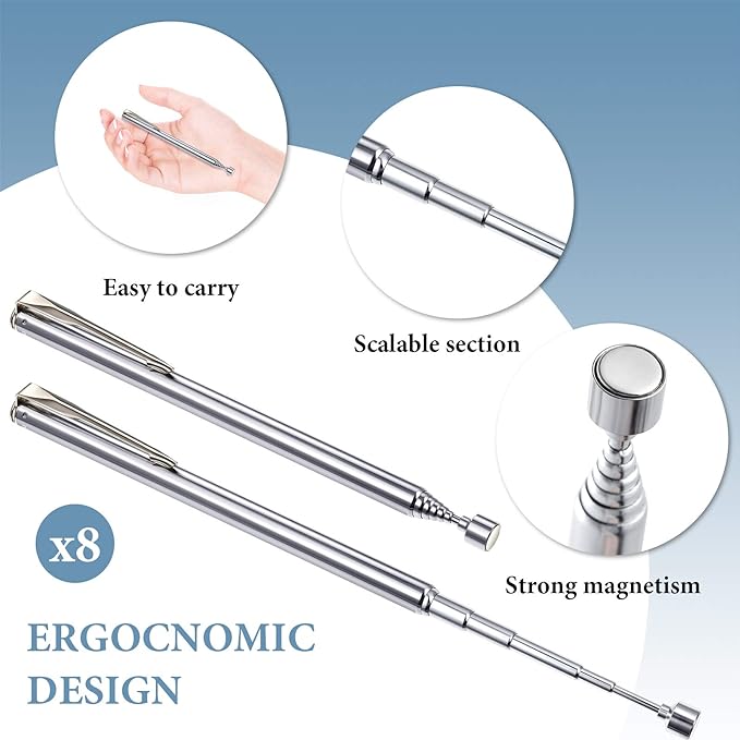 Patelai 8 Pieces Telescoping Magnetic Pick up Tool Grabbers Reacher Tools with Pocket Clip 25 Inch Telescopic Retrieving Magnet Gift for Man, Father, Mechanic, Handyman, Husband (Silver)