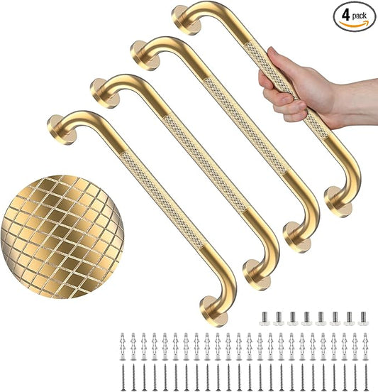 4 Pack 16 Inch Shower Grab Bar, YuanDe Gold Bathroom Grab Bar Handle w/Anti-Slip Knurled Grip, Stainless Steel Bath Balance Bar, 1" Diameter Safety Hand Rail Support,Handicap Injury Elderly Senior