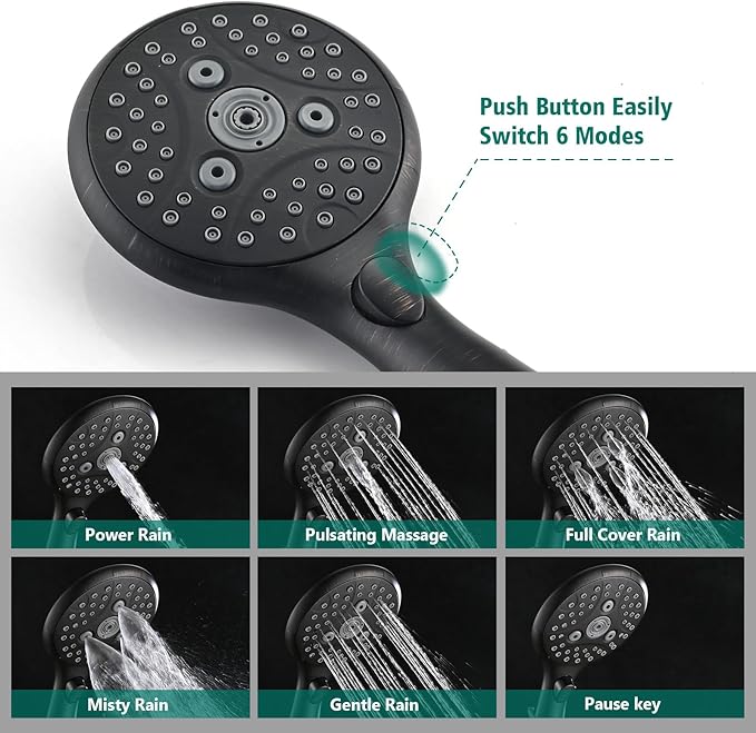 Handheld Shower Head with Slide Bar Combo, 6 Settings Handheld Shower with ON/OFF Pause Switch, Adjustable Height 27.5" Long Slide Bar, Wall Supply Elbow, 6.6ft Shower Hose, Oil Rubbed Bronze