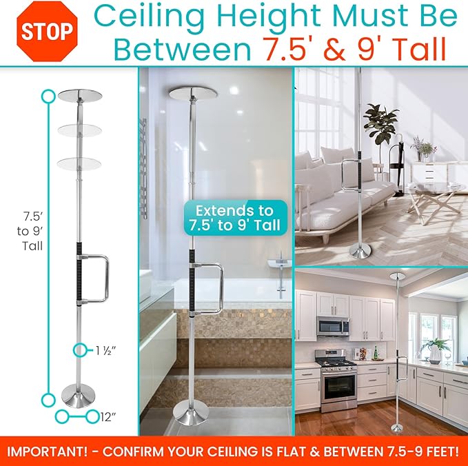 Vive Floor to Ceiling Grab Bar - Stand Assist Aid for Elderly - Shower Safety Bar for Seniors - Stand Assist Transfer Pole - Shower Support Pole - Toilet Rail for Disabled & Handicap Security