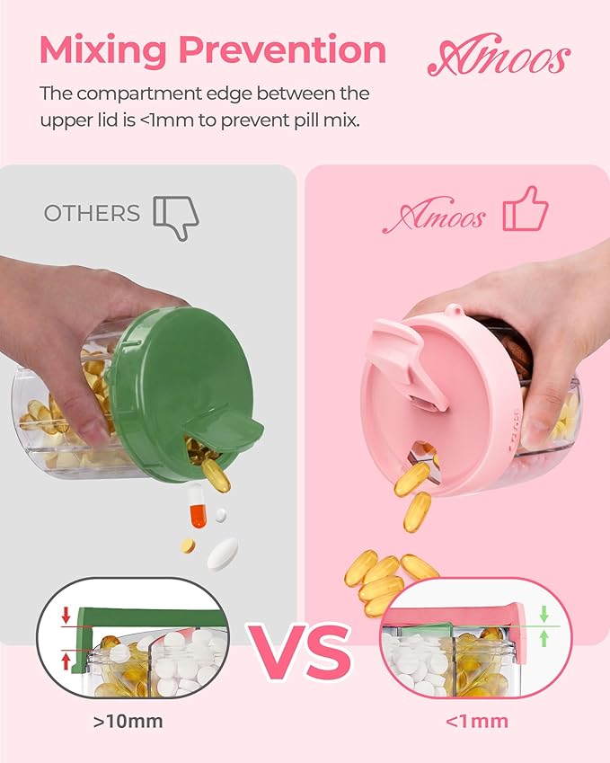 AMOOS Cute Pill Dispenser with 7 Compartments, Pill Bottle Organizer with Anti-Mix Design, Portable Pill Organizer for Travel with Wide Mouth for Easy Access, BPA-Free Patented Pill Container, Pink