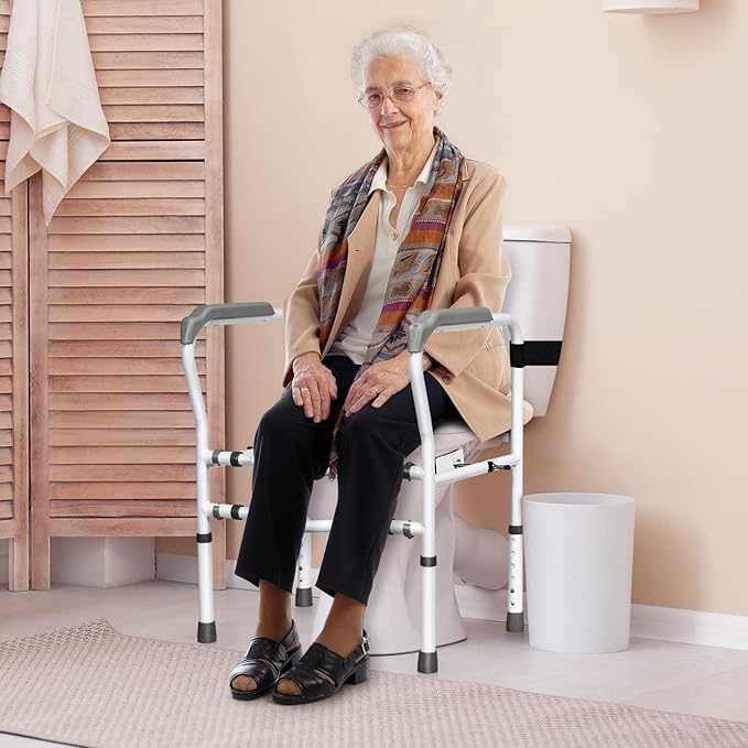 Giantex Toilet Safety Rail Free Standing Safety Assist Frame W/ 360°Rotatable Clip,Adjustable Height & Width Toilet Armrest, 300 LBS Weight Capacity for Disable Elderly Commode Stability Handrails