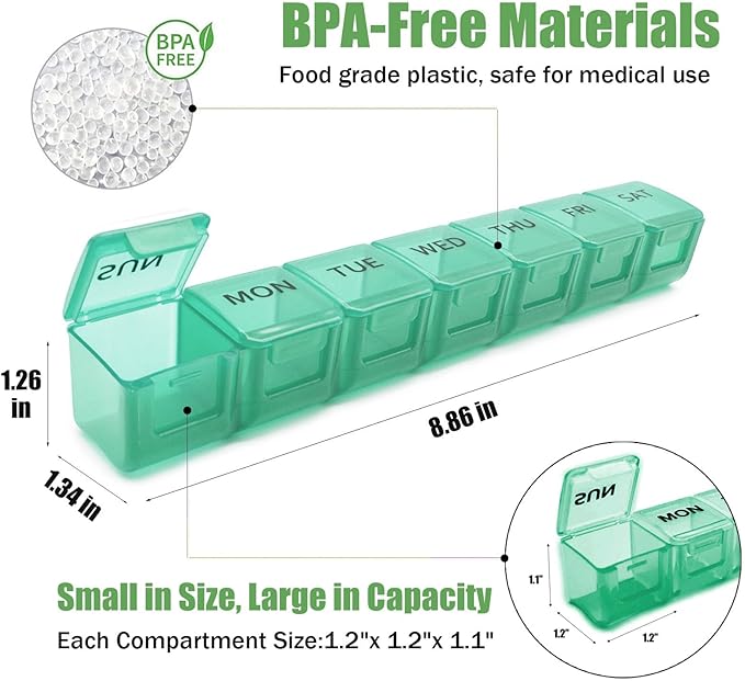 2 Pack Weekly Pill Organizer, Large 7 Day Pill Case, Daily Vitamin Case Medicine Box, AM/PM Pill Containers for Medicine Supplements Fish Oil (Red & Green)