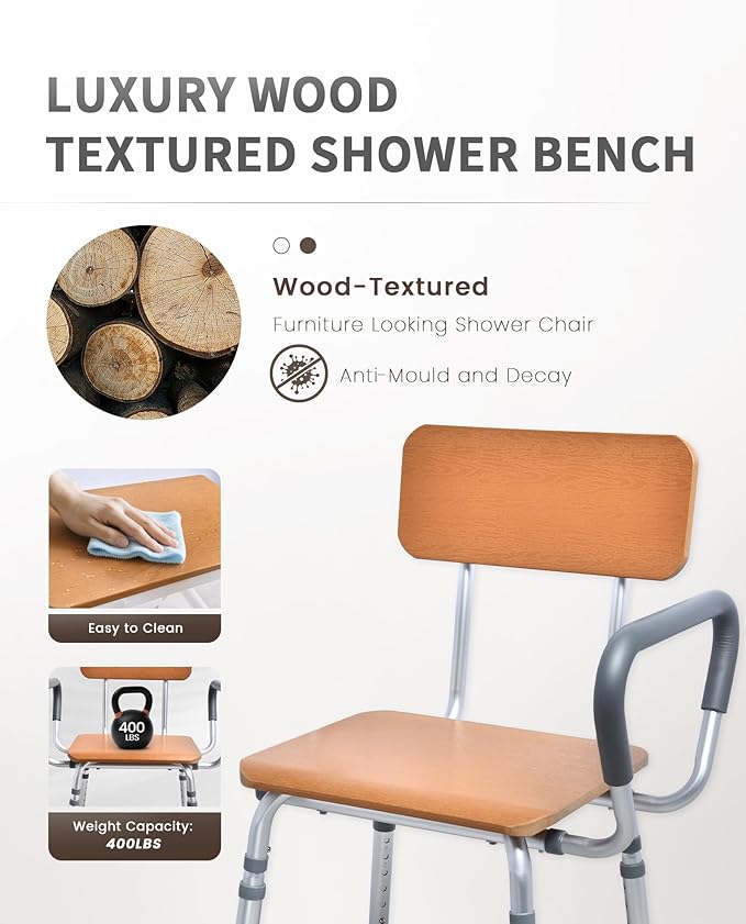 Sangohe Shower Chair for Inside Shower with Arms and Back, Height Adjustable Shower Chair for Elderly and Disabled, Wood Seat Board and Back, 400 lbs Heavy Duty Shower Seat for Seniors, 796A