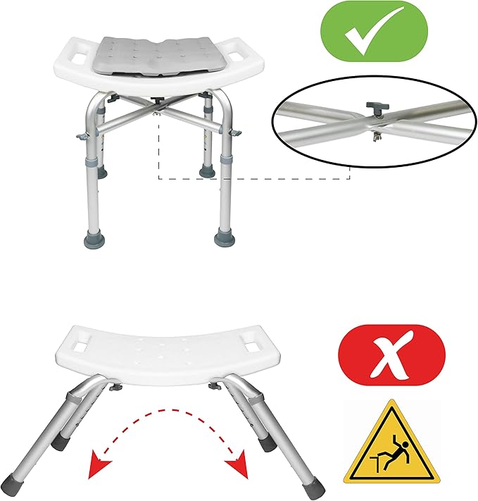 KMINA Shower Stool, Padded with Foam Cushion, Heavy Duty Double Reinforced Crossbar with 6 Height Adjustable, Tool Free, Anti-Slip, Made in Europe