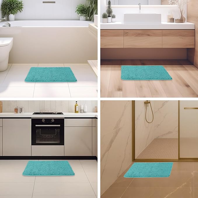 Teal Bathroom Rugs – Absorbent and Washable Bath Mat, Non-Slip, Thick Soft Chenille Bath Rugs for Bathroom Floor, Shower, Sink - 17" x 24"