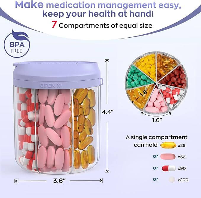 Hionxmga Pill Dispenser with 7 Large Compartments, Pill Organizer for Travel, Supplement Organizer with Anti-Mixing Design, BPA-Free Pill Container with 20 Pcs Labels, Purple