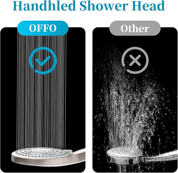 OFFO Handheld Shower Head Set, 6-Mode Brushed Nickel High Pressure Handheld Sprayer with 60" Stainless Steel Hose & Holder, High Flow Large Powerful Boosting Handheld Showerhead for Low Water Pressure
