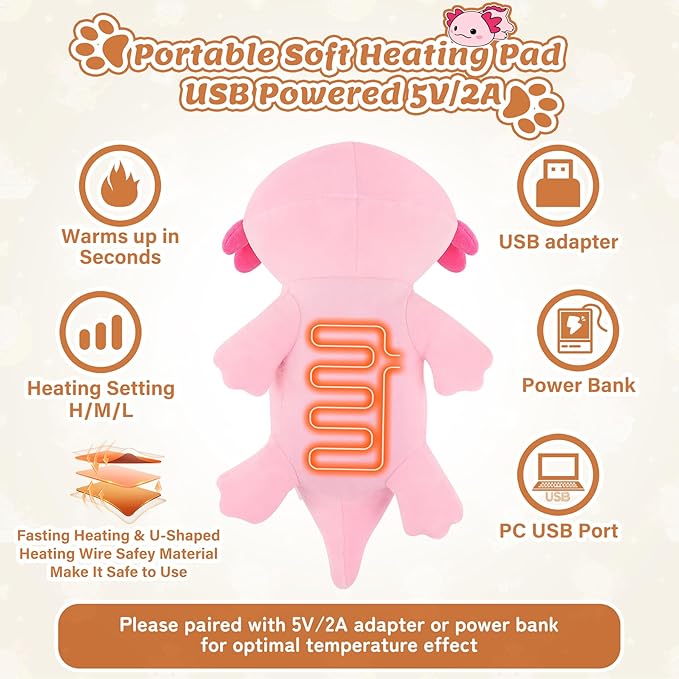 Electric Heating Pad for Period Cramps, 14'' Cuddly Pink Axolotl Plush with a Hot Soft Belly USB Powered, Menstrual Heating Pad Neck Shoulder Pain Relief, Gift for Daughter Wife Period Heating Pad