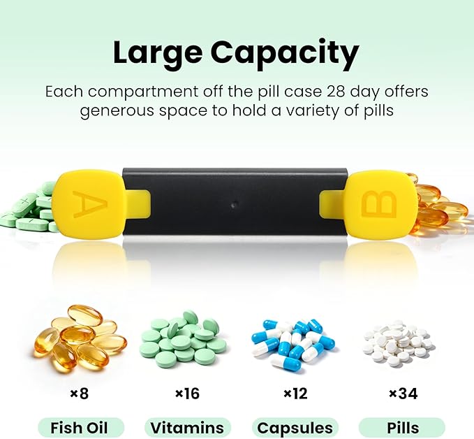 CAidRE Monthly Pill Organizer 2 Times a Day - 28 Day Pill Box AM PM, Daily Medicine Organizer for Vitamins, Supplements, Medications - Large Travel-Friendly 4 Week Pill Case for Home & Travel, Black