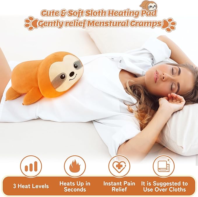 Electric Heating Pad for Period Cramps, Cuddly Sloth Plush with a Hot Soft Belly USB Powered, Menstrual Heating Pad Neck Shoulder Pain Relief, Gift for Daughter Wife Period Heating Pad