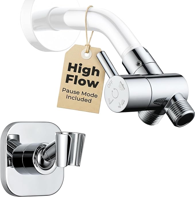G-Promise All Metal High Flow Shower Diverter Valve with Adjustable Shower Head Holder, Universal 3-Way Splitter with Pause Mode for Handheld and Fixed Spray Head Adapter Replacement (Chrome)