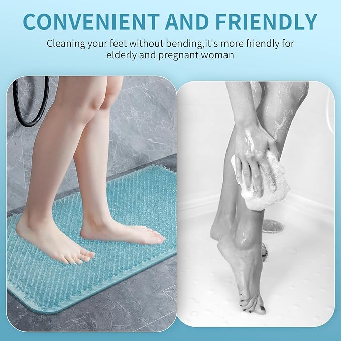 Yolife Shower Foot Scrubber Mat, Anti-Slip Bath Mat with Scrub Bristles, Soft Shower Foot Massager with Strong Suction Cups for Soothe Achy Feet, 25.6" x 13.4"